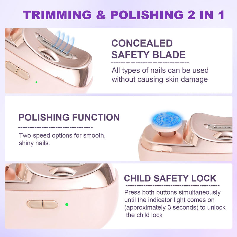 Electric Nail Clipper, 2 in 1 Electric Nail Clippers for Seniors and Adults, Baby Automatic Nail Clipper with Polishing, Light & Storage, Smart Nail Clipper 2-Speed for Fingernail (Pink) Pink - BeesActive Australia