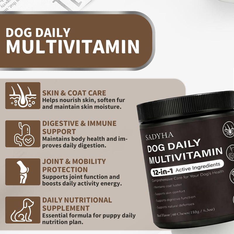 Daily Multivitamin Chews for Dogs, Itch & Skin Support with Salmon Oil, Folic Acid & Chondroitin, Supports Healthy Skin, Coat, Immunity & Digestion, 60 Count Beef Flavor (01) 1