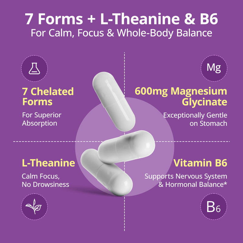 7-in-1 Magnesium Complex for Women for Sleep, 120 Vegan Capsules | With Magnesium Glycinate & L-Theanine & Vitamin B6 to Support Stress Relief & Cortisol Balance Support, Non-GMO, Gluten Free 120 Count (Pack of 1)