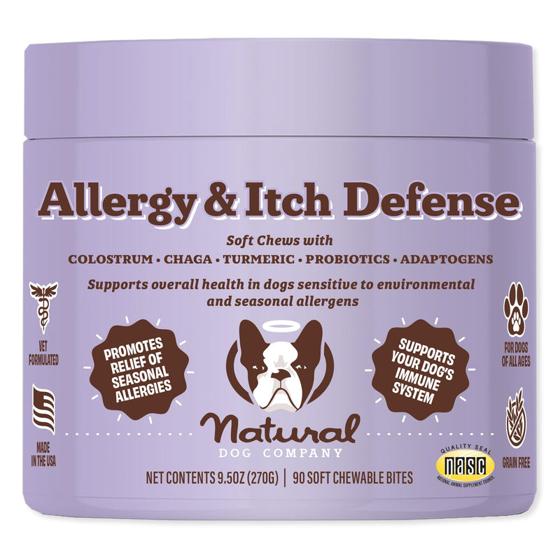 Natural Dog Company Allergy & Itch Defense Chews – Supports Seasonal Allergy, Itch, Skin, Coat & Immune Health, Gut Health with Probiotics, Colostrum & Salmon Oil, Grain-Free Dog Supplement, 90 ct 90 Count