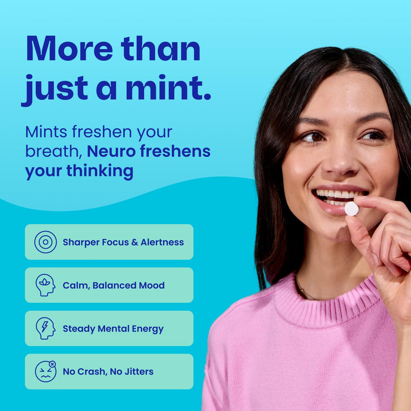 Neuro Energy & Focus Mints, Spearmint, 90 Count | 40mg Natural Caffeine Mints, 60mg L-Theanine, Vitamin B6 + B12, Sugar Free, Vegan, Clean Nootropic Energy & Focus Supplement 90 Count (Pack of 1)