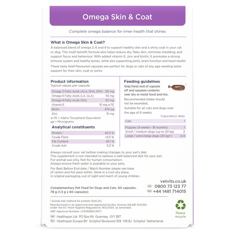 Omega Skin & Coat For Cats & Dogs (60 Capsules) | Beef Flavoured | Shinier Coat, Healthier Pet | Omega 3 and 6 Blend | Supports Skin, Coat, Joints, Brain and Heart