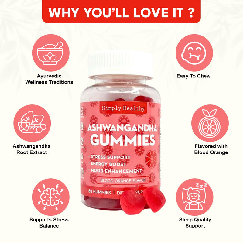 Premium Ashwagandha Gummies, Stress Support with Blood Orange Flavor, Vegan, Easy to Chew, Daily Aid, Energy Booster, Mood Enhancer, for Both Men and Women, 60 Gummies