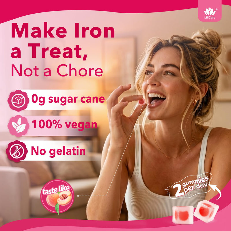 Iron Gummies for Women 25mg Plus Vitamin C, Beet Root, Vitamin B12, Folate for Iron Deficiency, Anemia, Energy Boost, Sugar Free Iron Supplement, Non-Constipating, No After Taste, 60 Cts 60 Count (Pack of 1)
