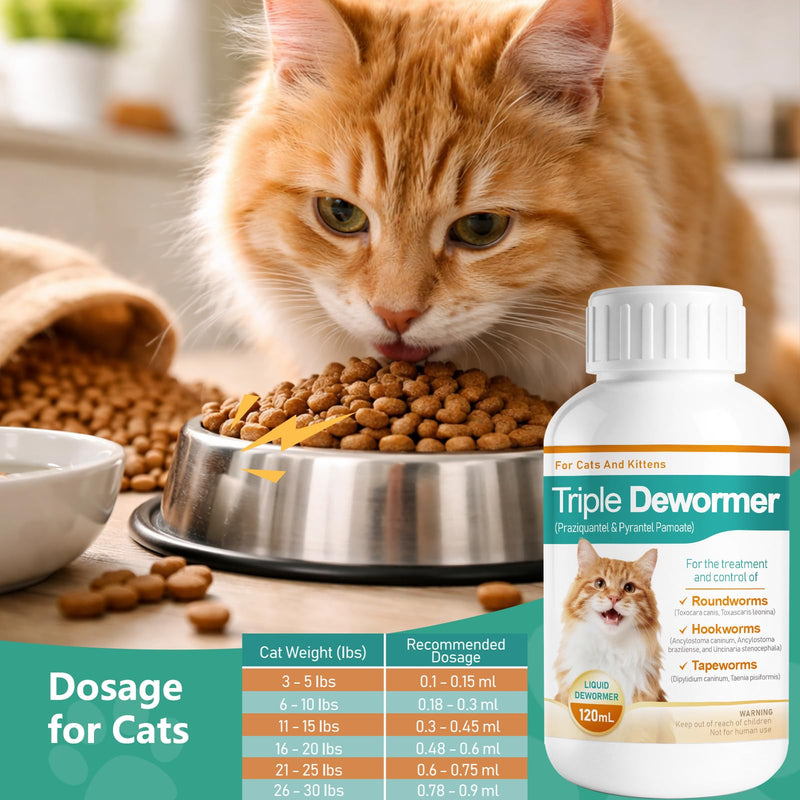 Cat Dewormer Liquid - Triple Dewormer with Pyrantel Pamoate & Praziquantel for Tapeworms, Roundworms & Hookworms, Easy-to-Give Broad-Spectrum Liquid for Cats,120 mL (4.2 fl oz)
