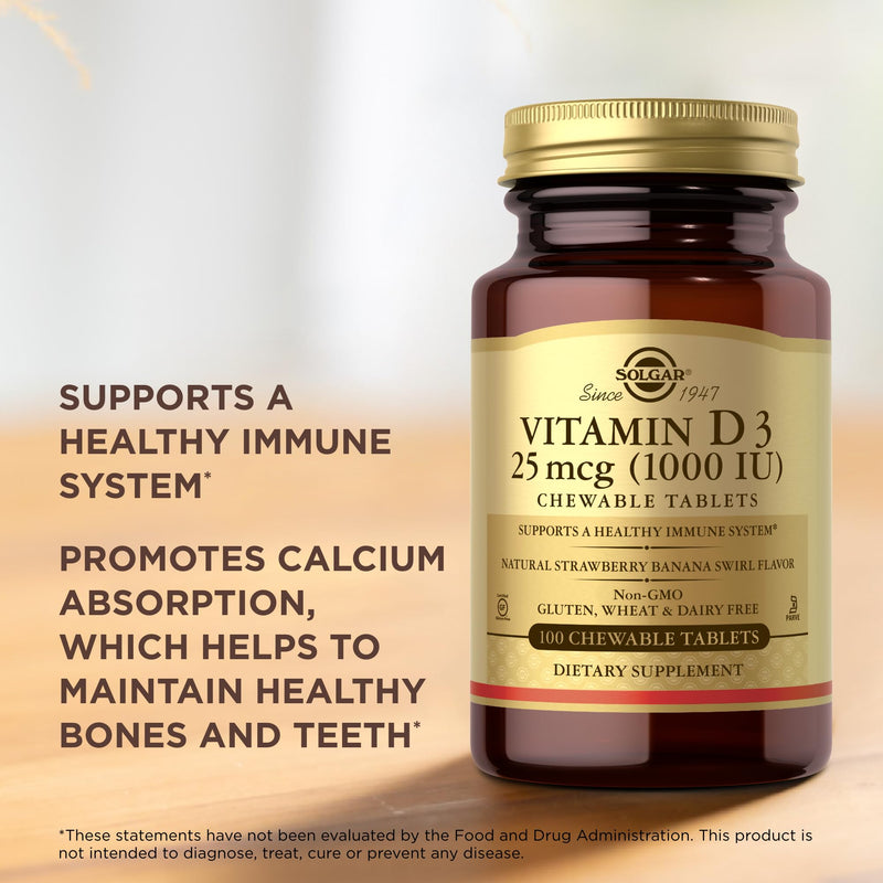 Solgar Vitamin D3 (Cholecalciferol) 25 mcg (1000 IU), Natural Strawberry Banana Swirl - 100 Chewable Tablets - Non-GMO, Kosher - 100 Servings