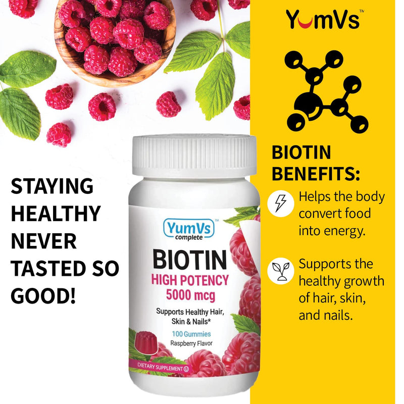 YUM-V's Biotin Gummies – High Potency Biotin Vitamins 5,000 mcg – Natural Raspberry Flavor Hair Vitamins – Kosher Hair Skin and Nails Gummies (100 Count) 1 Count (Pack of 1)