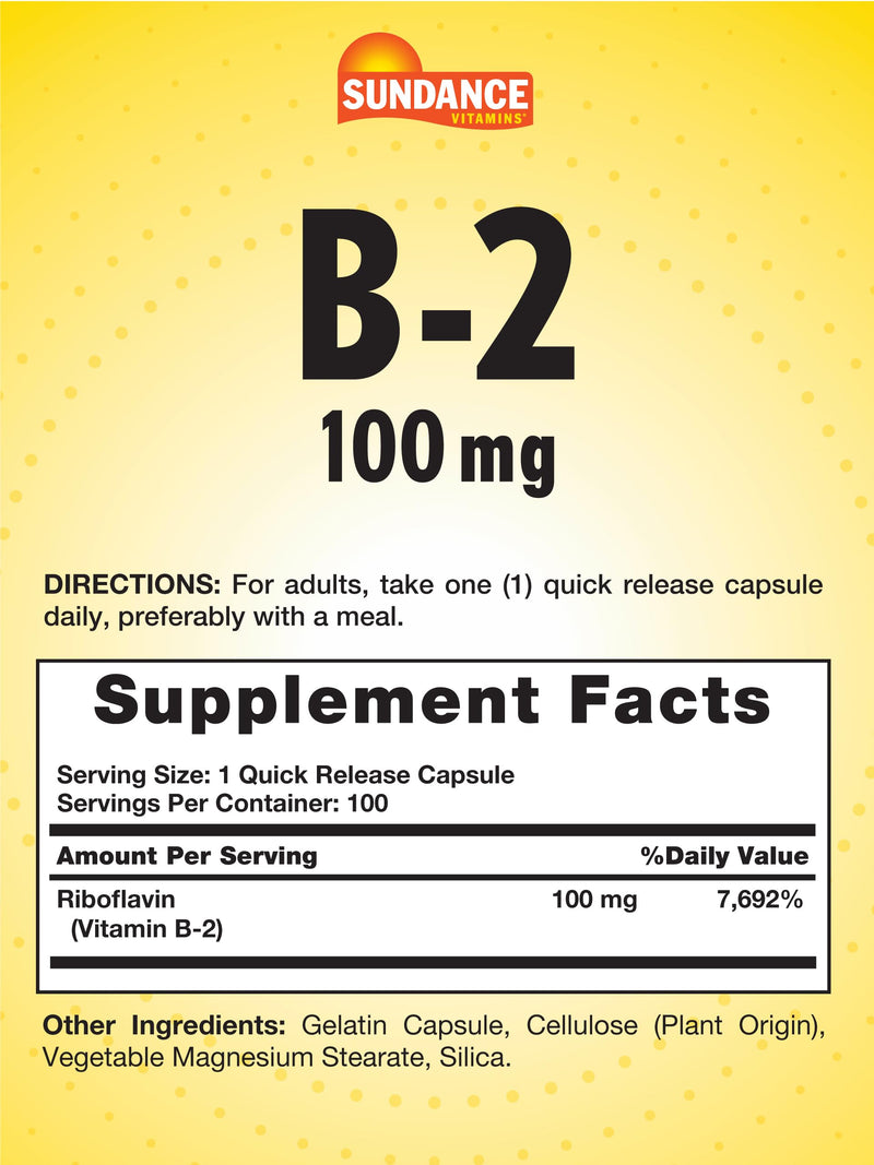 Sundance Vitamin B-2 | 100mg | 100 Capsules | Essential Vitamin Supplement | Non-GMO and Gluten Free Formula