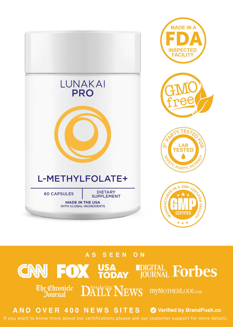 Lunakai L Methyl Folate 15mg Plus B2, B6 & Methyl B12 - Active 5-MTHF Form | USA Made, High Potency L-MethylFolate Supplement - Daily Brain, Mood & Energy Support, Non-GMO MTHFR, 60 ct