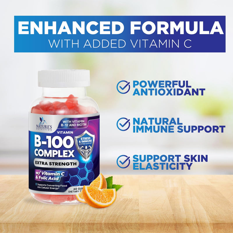 Vitamin B Complex Gummies - Extra Strength Super B Vitamin Gummy with Vitamin C, Immune Support for Men & Women - Energy and Brain Support Supplements with Folic Acid, Niacin, B6, B12 - 60 Gummies 60 Count (Pack of 1)