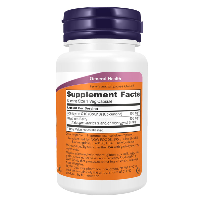 NOW Foods Supplements, CoQ10 100 mg with Hawthorn Berry, Pharmaceutical Grade, All-Trans Form produced by Fermentation, 30 Veg Capsules 30 Count (Pack of 1)