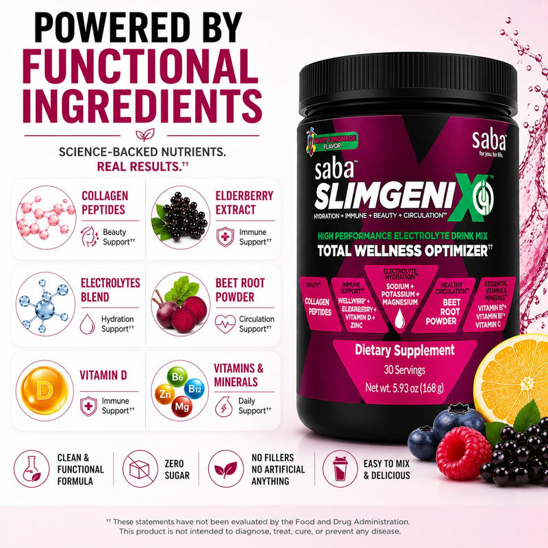 Saba SlimGenix IQ Electrolyte Powder Drink Mix – Hydration + Immune Support with Wellmune, Vitamin C & Zinc | Energy, Recovery & Daily Hydration | Berry Lemonade | 30 Servings