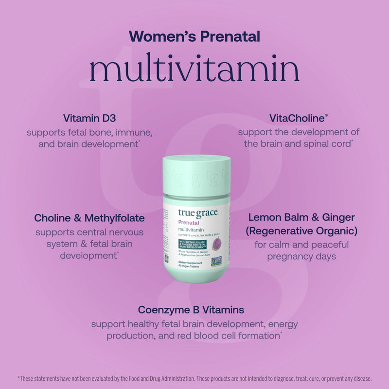 True Grace Prenatal Multivitamin - 30 Servings - Supports a Healthy Mom & Baby with Methylfolate & Choline for Fetal Brain Development - Gluten Free, Soy Free - 60 Vegan Tablets 30 Day Supply