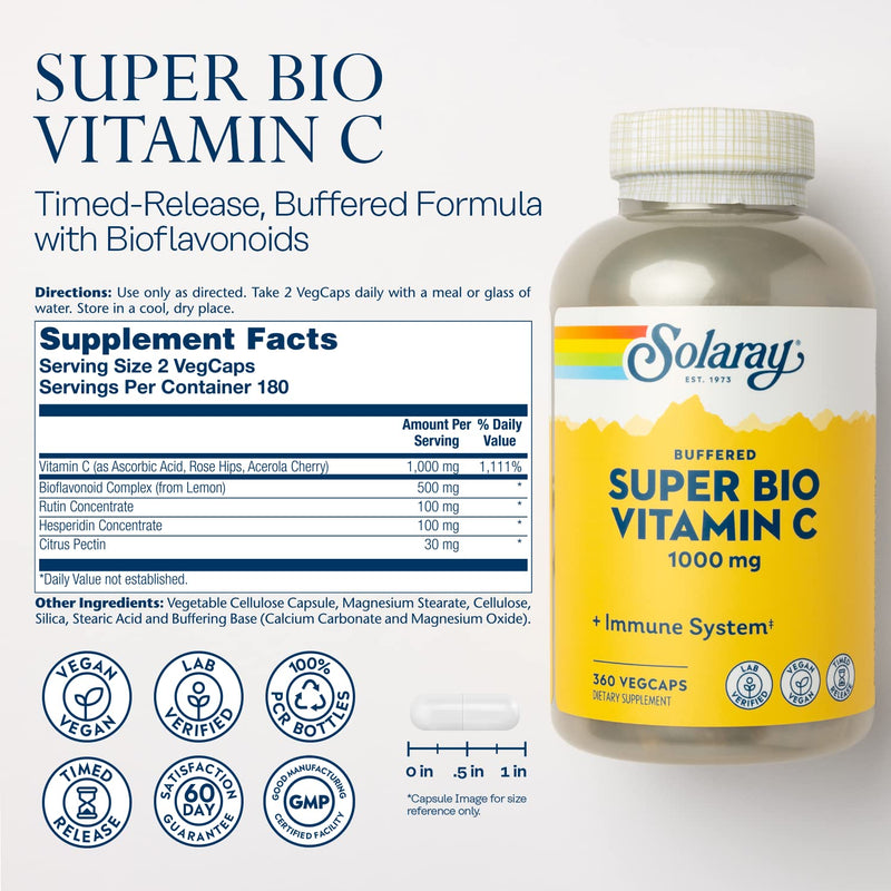 SOLARAY Super Bio Buffered Vitamin C 1000 mg Time Release, 360 VegCaps | Immune, Heart & Antioxidant Support - Buffered with Bioflavonoids - 180 Servings - Vegan, Lab Verified Unflavored 360 Count (Pack of 1)