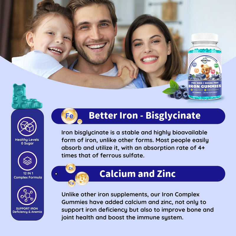 with Calcium, Zinc, Kids Multivitamin with Iron Gummies - Immune Support, Blood Builder & Energy Support for Iron Deficiency, Anemia, Vegan - 60 Gummies Blueberry Flavor 60 Count (Pack of 1)