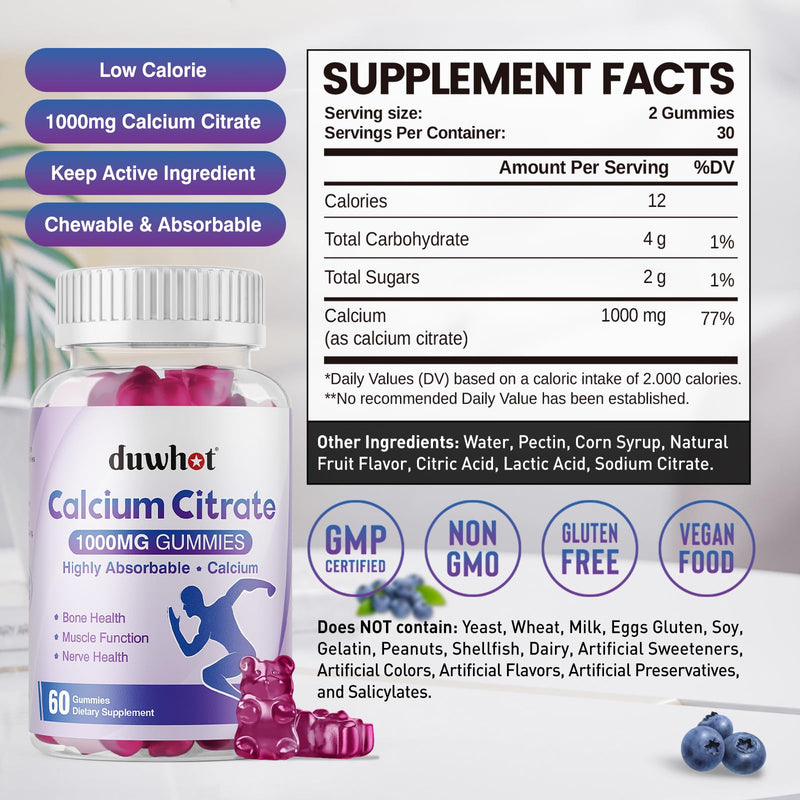 Calcium Citrate Gummies, Chewable Calcium Citrate 1000mg for Bone, Muscle & Immune Support, Ultimate Absorption Calcium Supplements for Women & Men, Blueberry, 60 Chews - BeesActive Australia