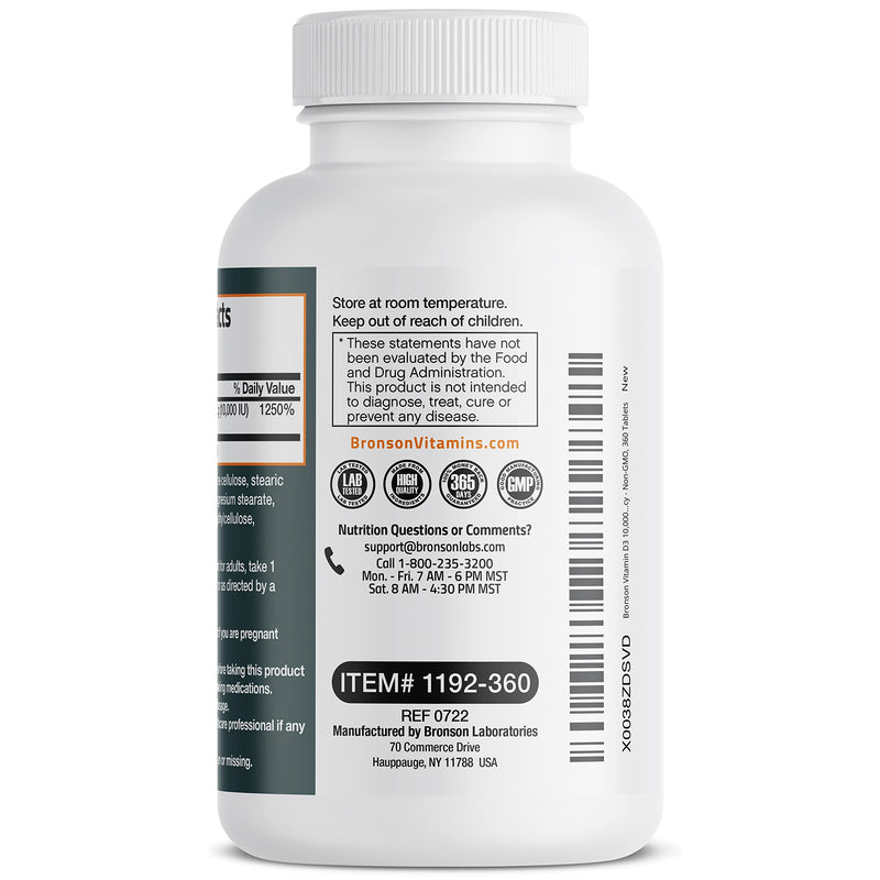 Bronson Vitamin D3 10,000 IU (250 MCG) 1 Year Supply for Healthy Muscle Function and Immune Support, Non-GMO, 360 Tablets Unflavored 360 Count (Pack of 1) - BeesActive Australia