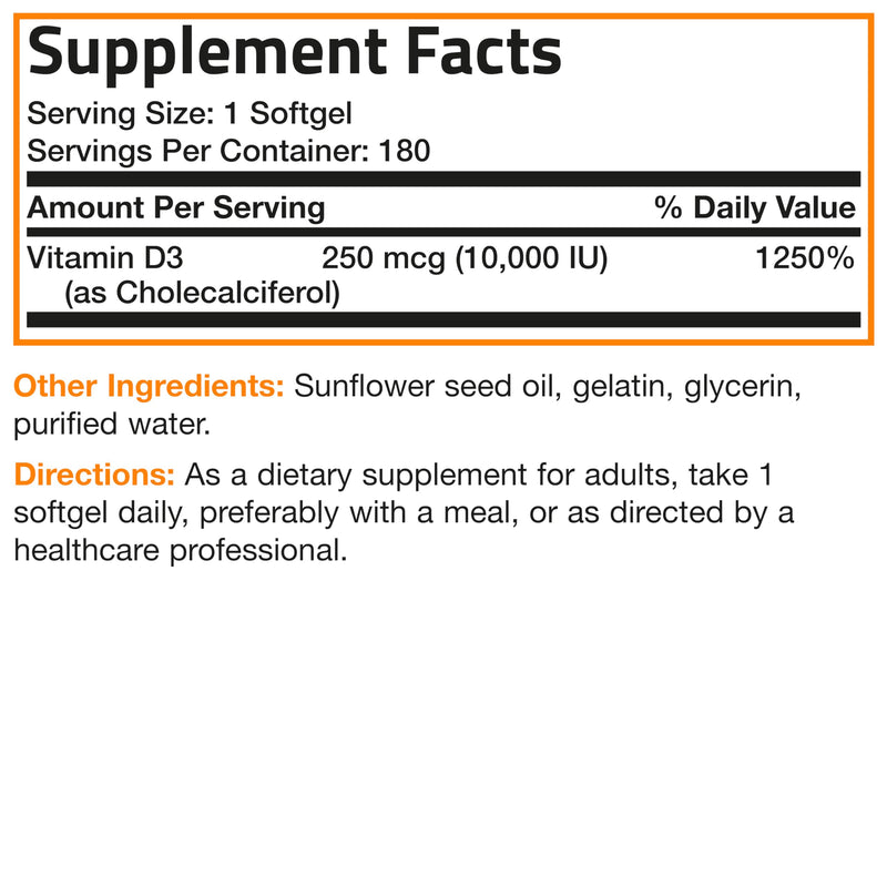 Bronson Vitamin D3 10,000 IU (250 mcg) Immune Support, 180 Softgels | Bone, Muscle, Teeth & Nervous System Support, Once-Daily, Non-GMO, Gluten-Free & Soy-Free 180 Count (Pack of 1)