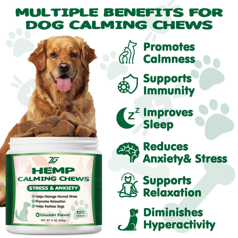 Calming Chews for Dogs - Effective for Separation, Barking & Composure, Natural Ingredients, Chicken Flavor 120 Soft Chews