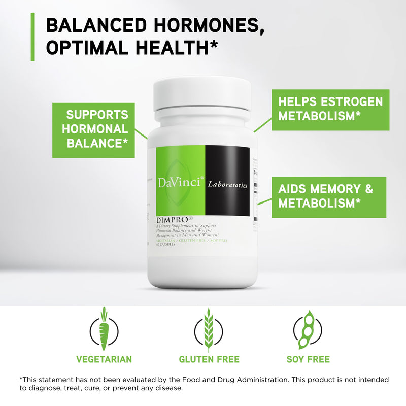 DAVINCI Labs DimPro - Dietary Supplement to Support Hormonal Balance in Men & Women & Healthy Weight Management* - with Vitamin E and More - Vegetarian - Soy-Free - Gluten-Free - 60 Capsules 60 Count (Pack of 1)