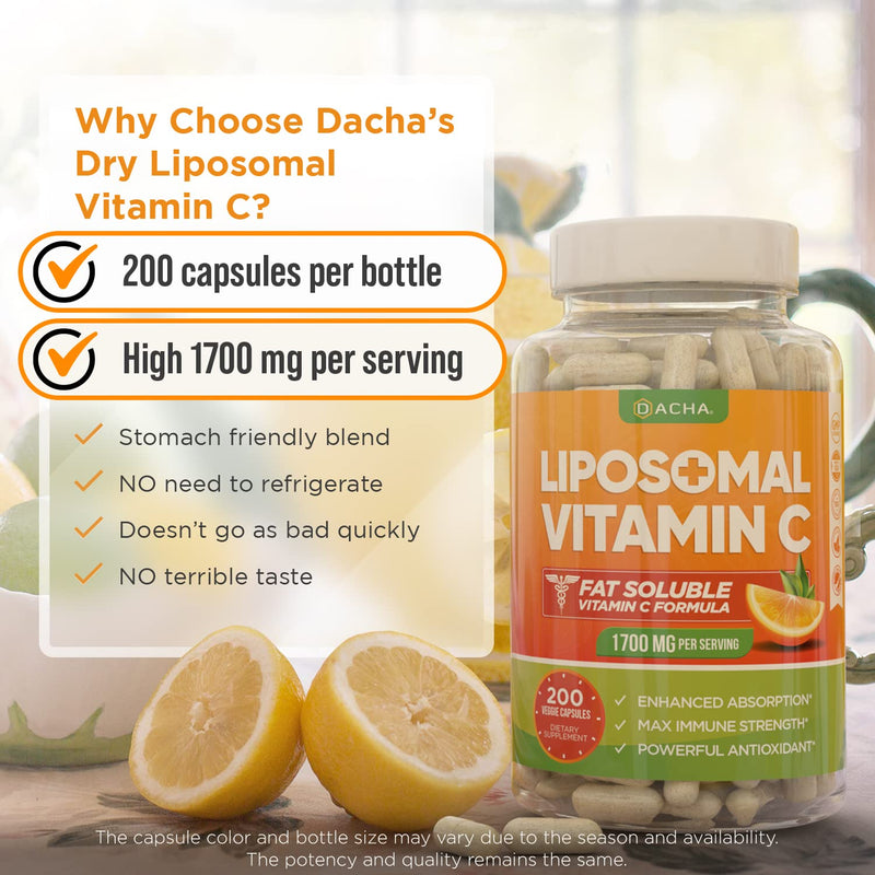 DACHA Natural Liposomal Vitamin C - 1700mg, 200 Capsules, Immune System & Collagen Booster, High Absorption Fat Soluble Vit C, Buffered, Skin Vitamins, Sunflower Lecithin - BeesActive Australia