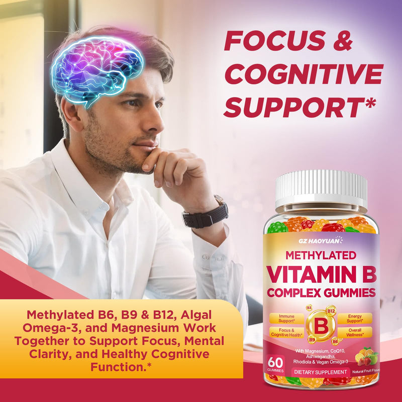 Methylated Vitamin B Complex Gummies for Women & Men with Vitamin B1, B2, B3, B5, B6, B7, B9, B12 & Magnesium, Omega-3, CoQ10, Supports Brain Health, Energy, Immune, Sugar Free, Fruit Flavor, 120ct Mixed Fruit 60 Count (Pack of 2)