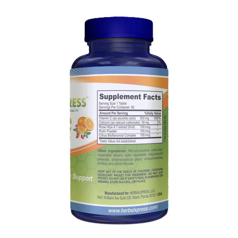 Herbalxpress Vitamin C 500mg with Rose Hips, Ascorbic Acid & Citrus Bioflavonoids 50 Tablets (1 Tub) - The Powerful Duo:- A Complementary Approach to Boost Your Immune System.