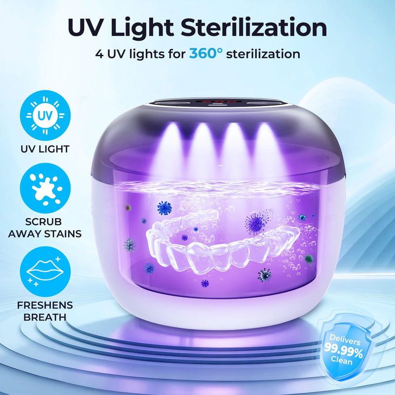 Ultrasonic Retainer Cleaner Machine, Denture Cleaner for Mouth Guard, Night Guard, Aligner, Dentures, Jewelry, Toothbrush Heads, 45kHz 250ML UV Ultrasonic Denture Ultra Sonic Cleaning for Retainers Off White