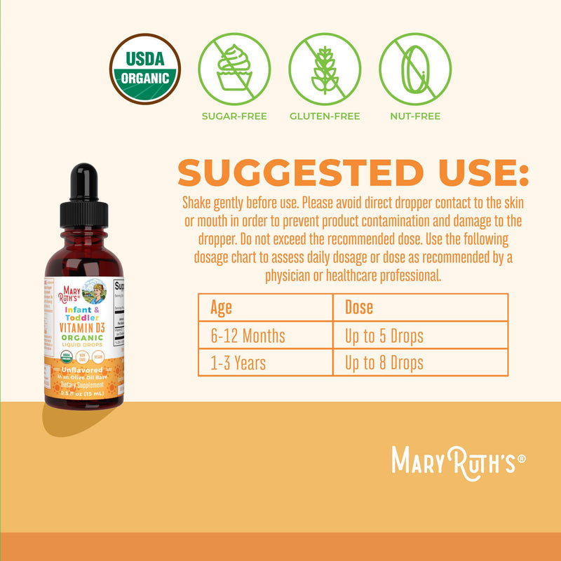 MARYRUTH'S USDA Organic Vitamin D3 Drops, Vegan, Sugar Free | Immune Support, Gluten Free, Non-GMO, 90-150 Servings Infant & Toddler