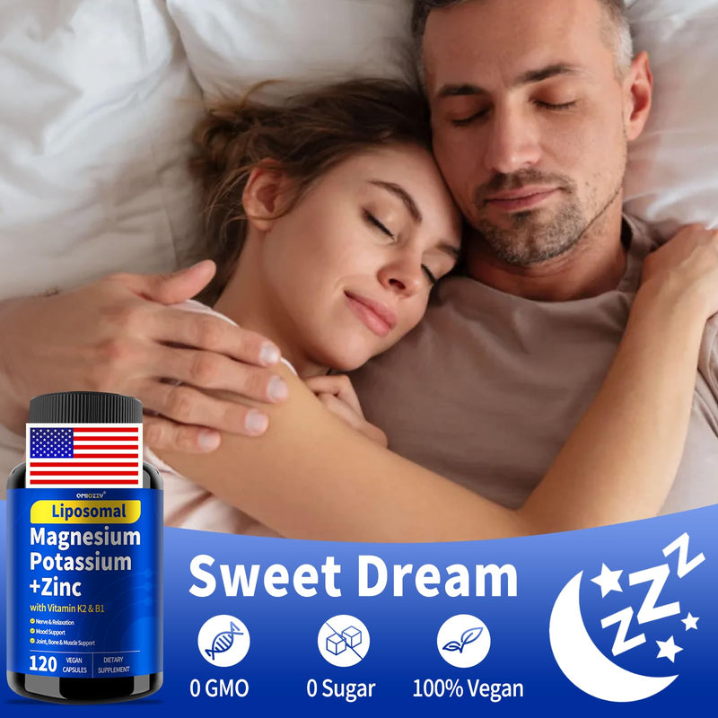 Potassium Magnesium Supplement, Non-GMO, Vegan, (120 Capsules, 1 Pack) | 1600mg Liposomal Magnesium Aspartate, Potassium Chloride, with Zinc, K2, B1 for Leg Cramps, Support Vascular, Bone and Heart