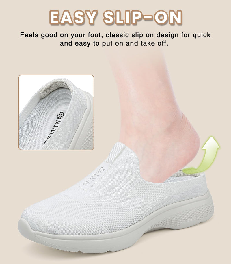 Women's Orthopedic Slip-On Mules Sneakers for Plantar Fasciitis Easy Off Recovery Backless Knit Comfortable Lightweight with Arch Support Walking Shoes for Travel, House & Office 8.5 White