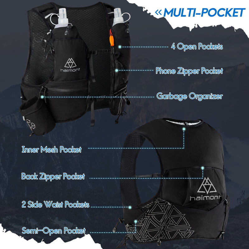 Haimont Hydration Running Vest with Water Bottles for Women Men, Adjustable Lightweight 8L Water Backpack with Soft Flasks for Trail Running Marathon Black Small - BeesActive Australia