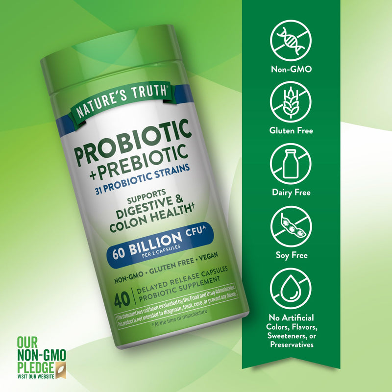 Nature's Truth Probiotic & Prebiotic Pills | 60 Billion CFU | 40 Capsules | Vegan, Non-GMO & Gluten Free Supplement