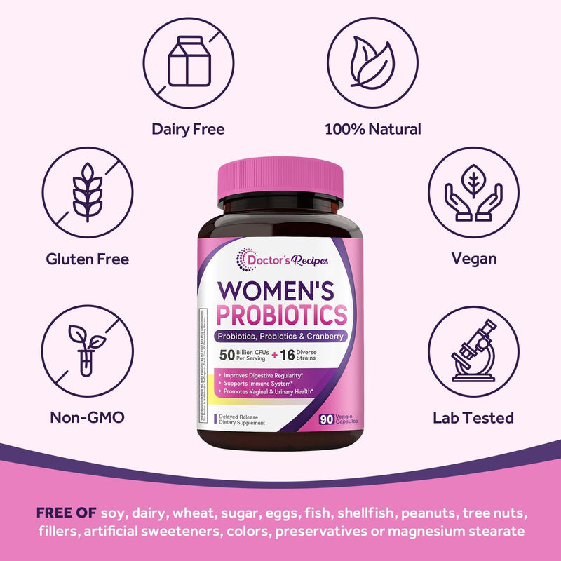 Doctor's Recipes Women's Probiotic, 90 Caps 50 Billion CFU 16 Strains, with Organic Cranberry, Digestive Immune Vaginal & Urinary Health, Shelf Stable, Delayed Release, No Soy Gluten Dairy 90 Count (Pack of 1)