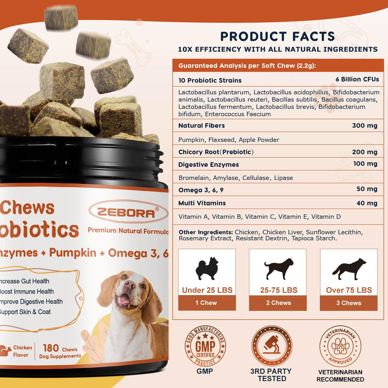 ZEBORA Probiotics for Dogs, Dog Probiotics, for Digestive Health, Plus Pumpkin and Fish Oil, for Gut & Itchy, 180 Soft Chews 180 Chews