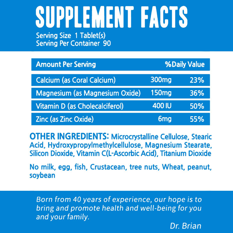 Dr. Brian Calcium Magnesium Zinc with Vitamin D3 | Bone Strength, Muscle Function, Heart Health - Non-GMO, Soy and Gluten Free (90 Tablets)