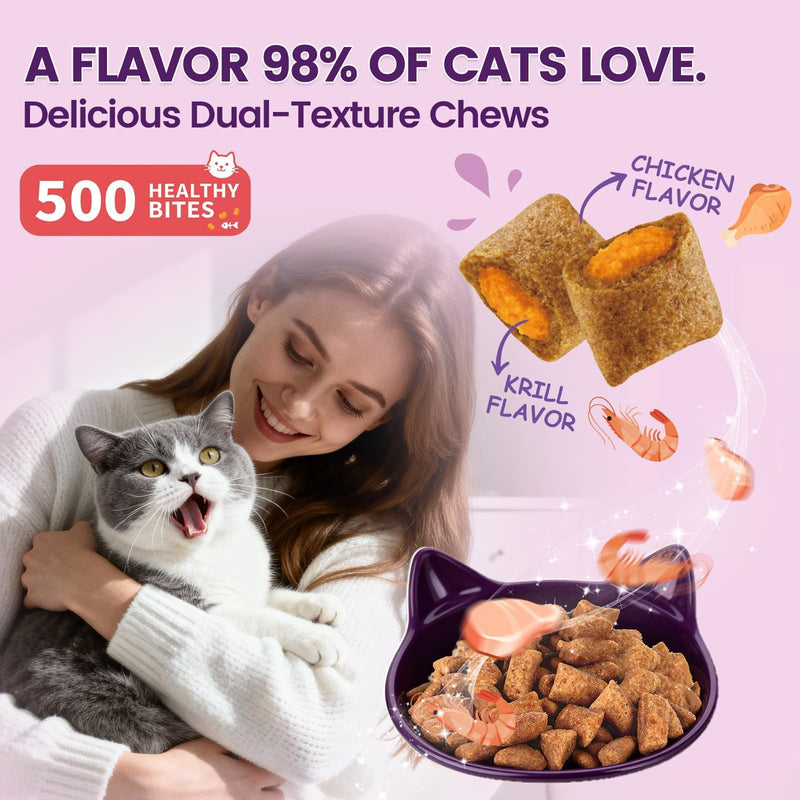 Taurine for Cats Vitamins Treats, 10 in 1 Cat Multivitamin with Fish Oil - 500 Crunchy & Creamy Chews Supports Energy, Bone, Joint, Skin & Coat Health, Digestion, Immunity for Cat All Breeds & Ages
