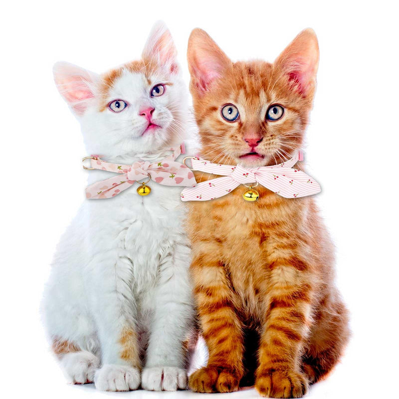 2pcs Cotton Bowtie Cat Collar with Bell, Breakaway Cute Bow Tie Kitten Collars Adjustable Cherry & Pink Heart Cat Collar for Female Cats Girl and Boy Pets - BeesActive Australia