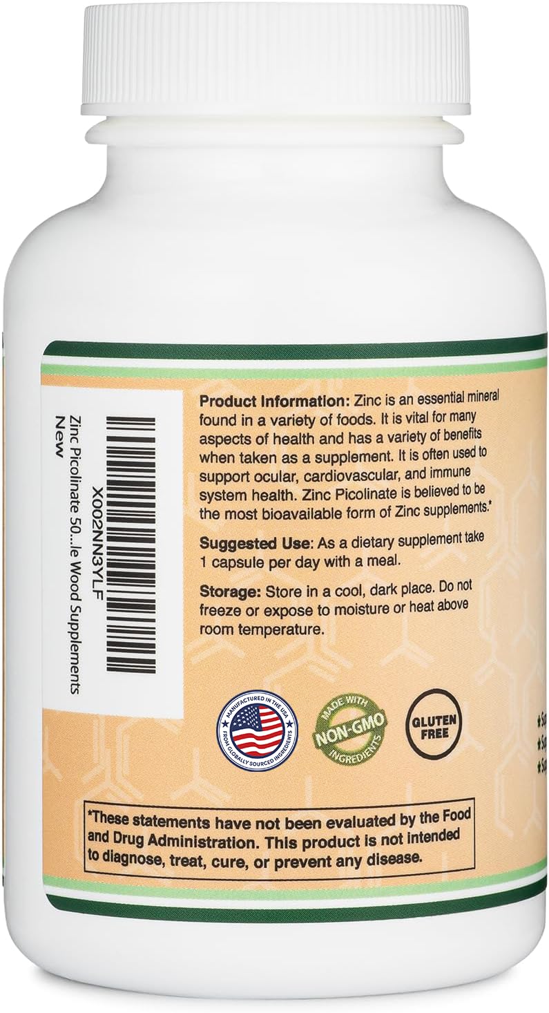 Zinc Picolinate 50mg, 300 Capsules (Immune Support) Non-GMO, Gluten Free (300 Day Supply) by Double Wood Supplements - BeesActive Australia