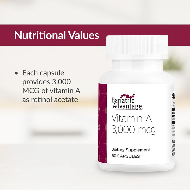 Bariatric Advantage Vitamin A 3,000 mcg - for Bariatric Surgery Patients - Easy-Digest Mini Capsules - Vitamin A Supplements - Eye Health Support* - 60 Count (Pack of 2) 60 Count (Pack of 2)
