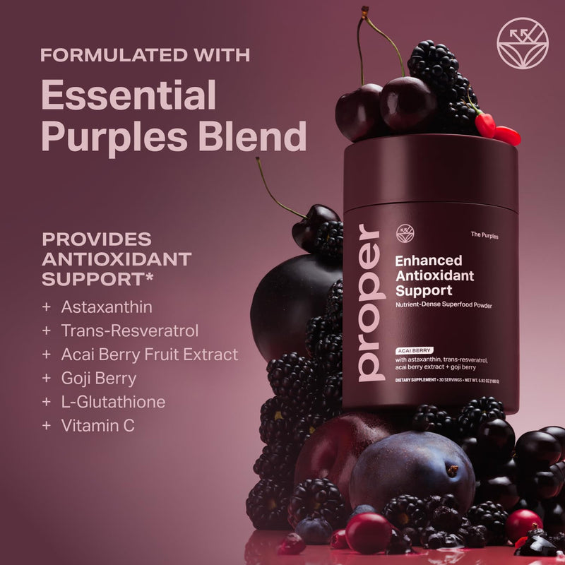 Proper The Purples Antioxidant Superfood Powder with Acai and Blueberry | Antioxidant Superfood Powder With Acai, Amla, Blueberry, Vitamin C, Probiotics, Prebiotic Fiber, And B Vitamins For Wellness
