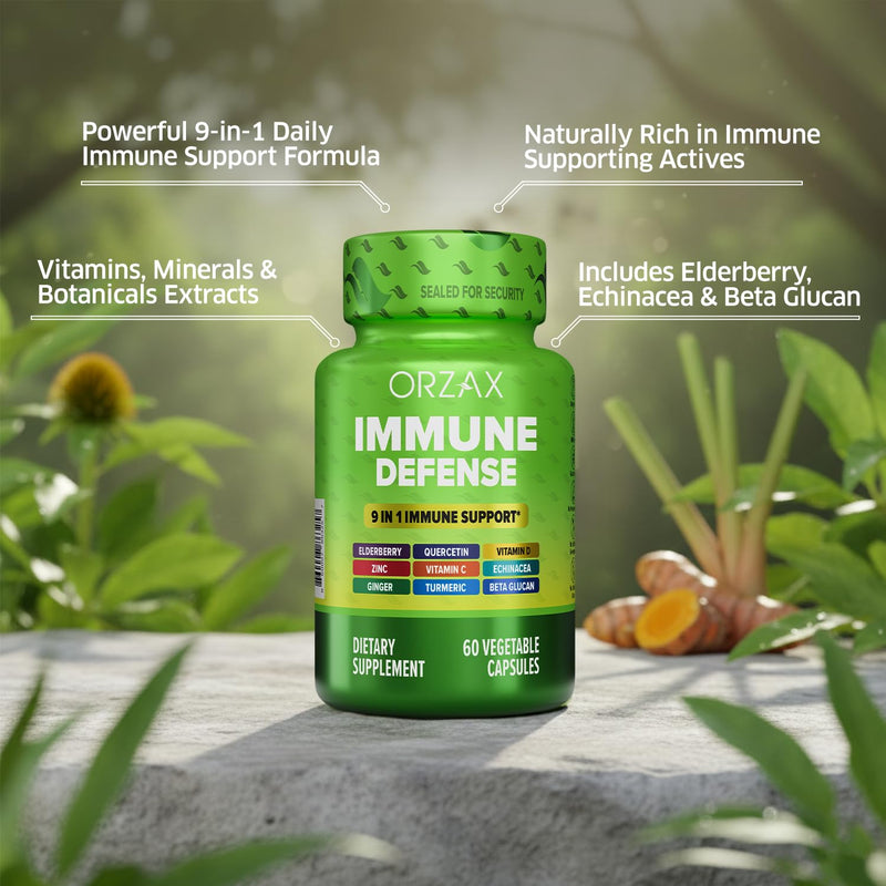 ORZAX 9 in 1 Immune Defense Supplement High Strength Vitamin C & D with Zinc, Quercetin, Turmeric & Ginger, Echinacea Capsules - Herbal Defense for Immune System Support - 60 Veg Capsules 60 Count (Pack of 1)