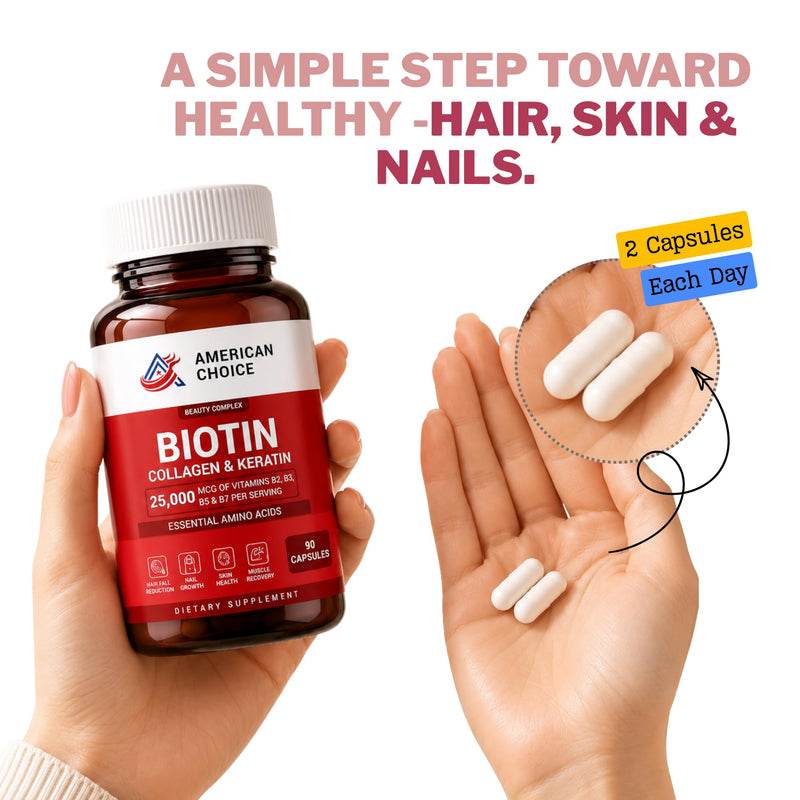 Biotin For Hair Growth Women & Men | Hair Skin and Nails Vitamins B2, B3, B5 and B7 - 25000 Mcg With Keratin Collagen Amino Acids and Minerals - Supports Stronger Nails, Healthy Skin - 90 Caps