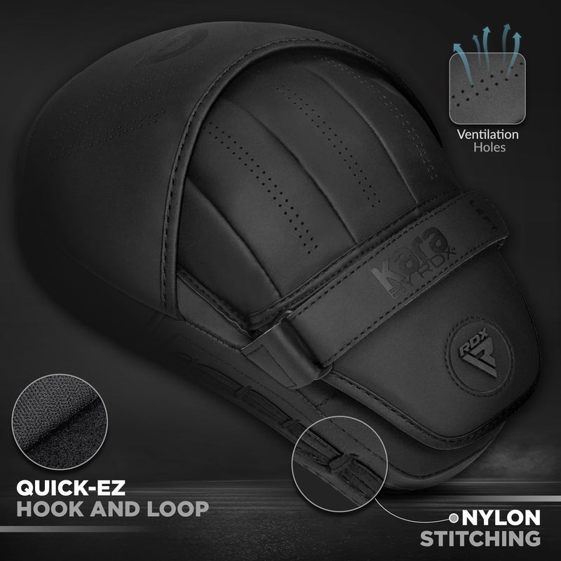 RDX Boxing Pads Curved Focus Mitts, Maya Hide Leather Kara Hook and jab Training Pads, Adjustable Strap Ventilated, MMA Muay Thai Kickboxing Coaching Martial Arts Punching Hand Target Strike Shield Black
