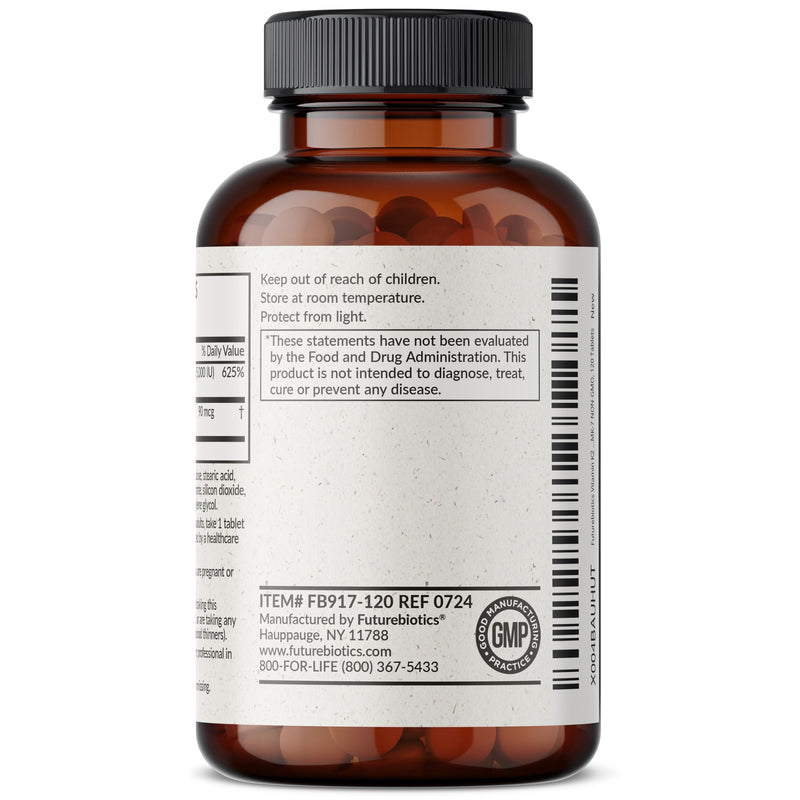 Futurebiotics Vitamin K2 with D3, 2 in 1 Support, 5000 IU Vitamin D3 & 90 mcg Vitamin K2 MK-7 Non-GMO, 120 Tablets 120 Count (Pack of 1)