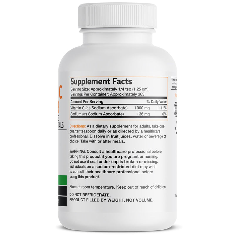 Bronson Vitamin C Powder, Non-Acidic Sodium Ascorbate, 1 lb (16 oz) | 1000 mg per 1/4 tsp (Approx.), Soluble Fine Crystals, Gentle on the Stomach, Antioxidant & Immune Support, Non-GMO Unflavored 16 Ounce (Pack of 1)