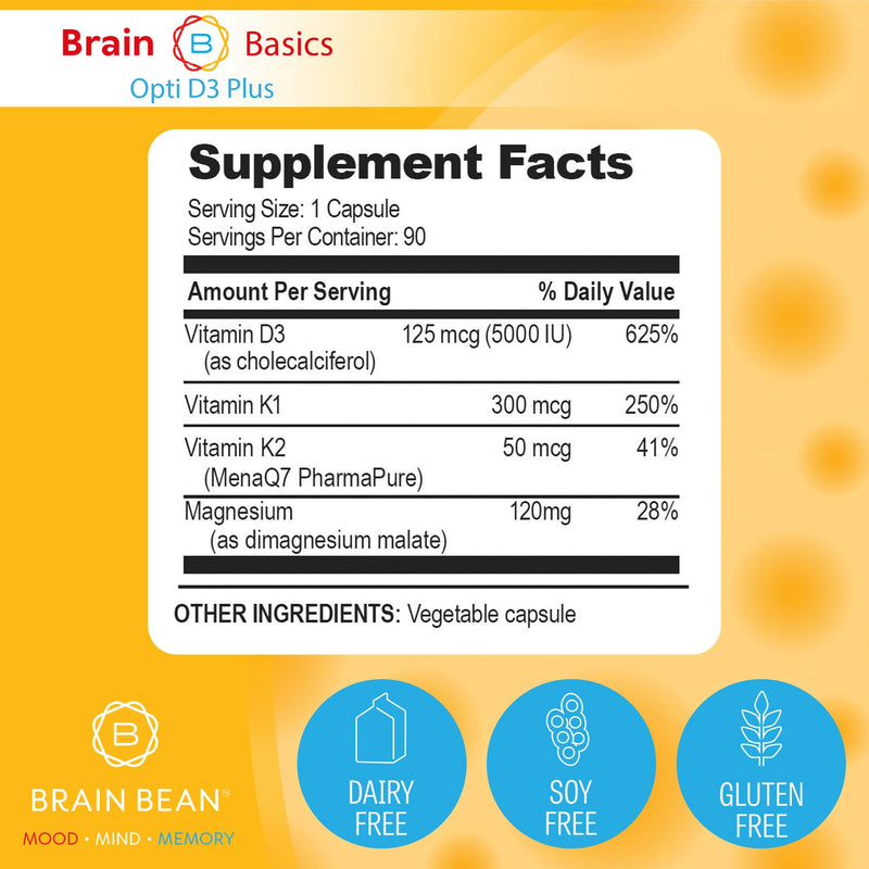 Brain Basic Opti D3 Plus - Vitamin D3 5000 IU with K1, K2, and Magnesium - Brain Support Supplement for Mood, Mind, Memory - Bone, Muscle, and Immune Health - Gluten Free, Soy Free, and Dairy Free