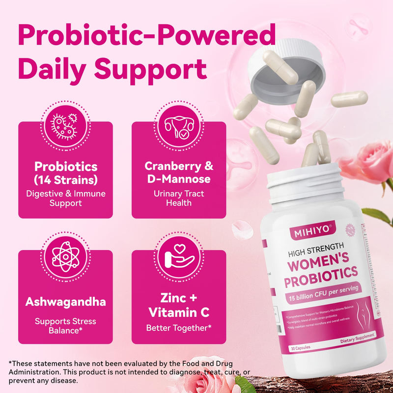 Women's Probiotics 15 Billion CFU - 14 Strains for Vaginal, Urinary & Digestive Health Support - Daily Supplement with Cranberry, D-Mannose, Ashwagandha & Prebiotics - Shelf Stable, 30 Capsules