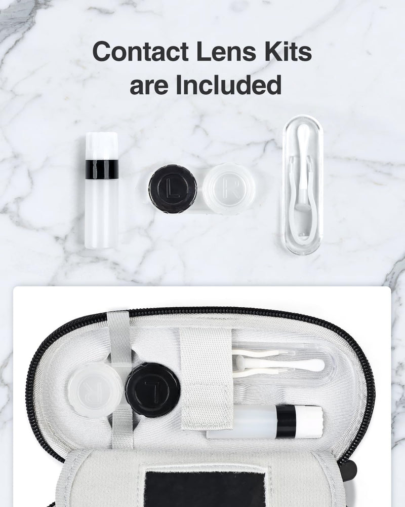 Luxtude Contact Lens Case, Cute Glasses and Contact Case 2 in 1, Built-in Mirror & Tweezers & Contact Lense Solution Bottle, Double Layer Travel Contacts Cases for Well Protection, Black