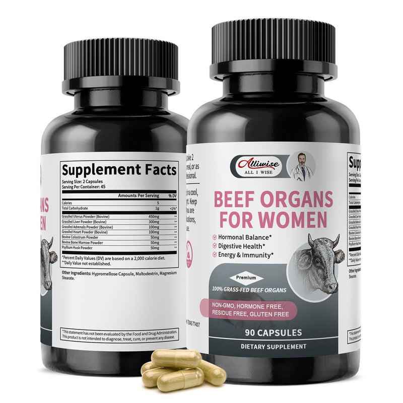 Beef Organ Supplement for Women - Grass Fed Beef Liver Uterus* Adrenals Heart Bone Marrow Colostrum for Female Hormonal* Digestive Energy Immunity Beauty | Non-GMO Gluten-Free (90 Capsules for 45 Day) 90 Count (Pack of 1) - BeesActive Australia